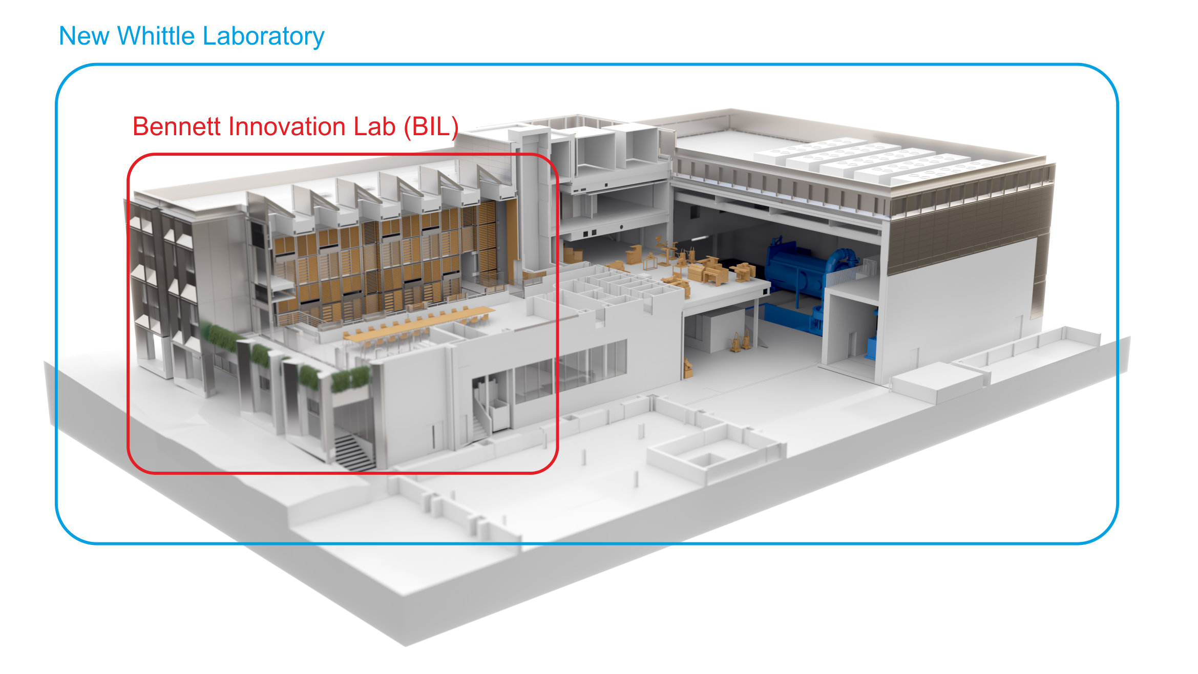 A schematic of the New Whittle Lab with a red box highlighting which part is the Bennett Innovation Lab.